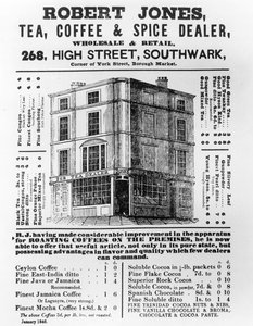 Advertentie voor Robert Jones, Thee, Koffie en Specerijenhandelaar, januari 1845 door English School